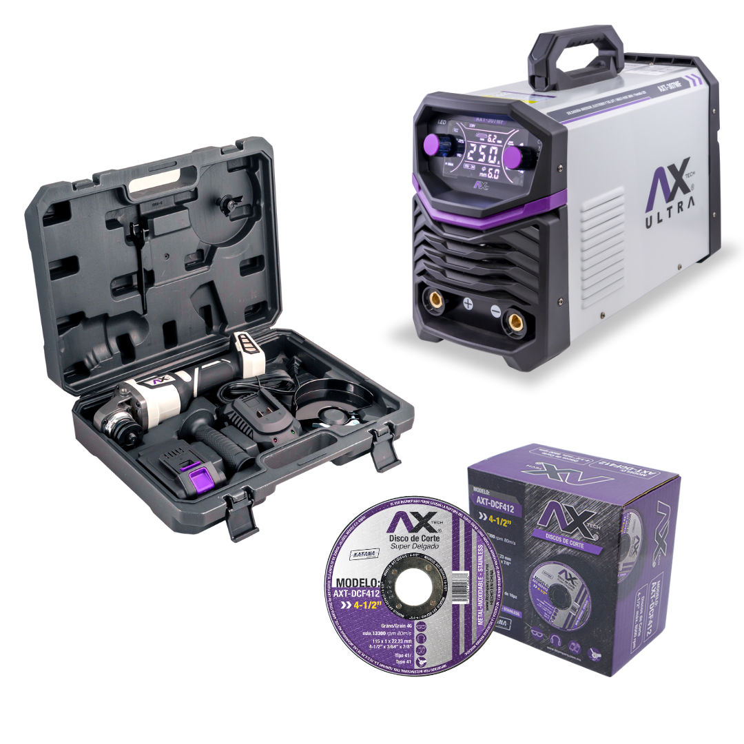 COMBO SOLDADORA 300A MULTI FASE, CON ESMERILADORA A BATERIA Y 50 DISCOS ABRASIVOS DE 4 1/2 AXT-307MF-C1