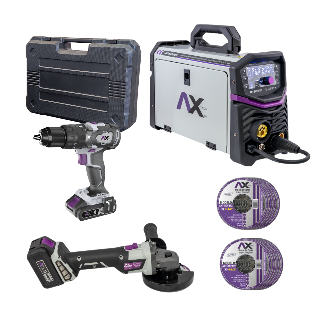 COMBO SOLDADORA INVERSOR MIG/MAG ELECTRODO Y TIG LIFT, BI VOLTAJE 200A CON KIT DE HERRAMIENTA ELECTRICA AXT-EM204BV-C3